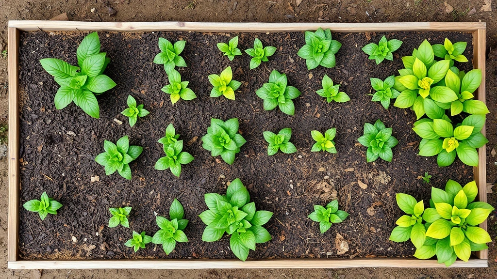 Overhead view of a well-organized raised bed garden with multiple plant varieties at different growth stages, showing proper spacing and mulch application