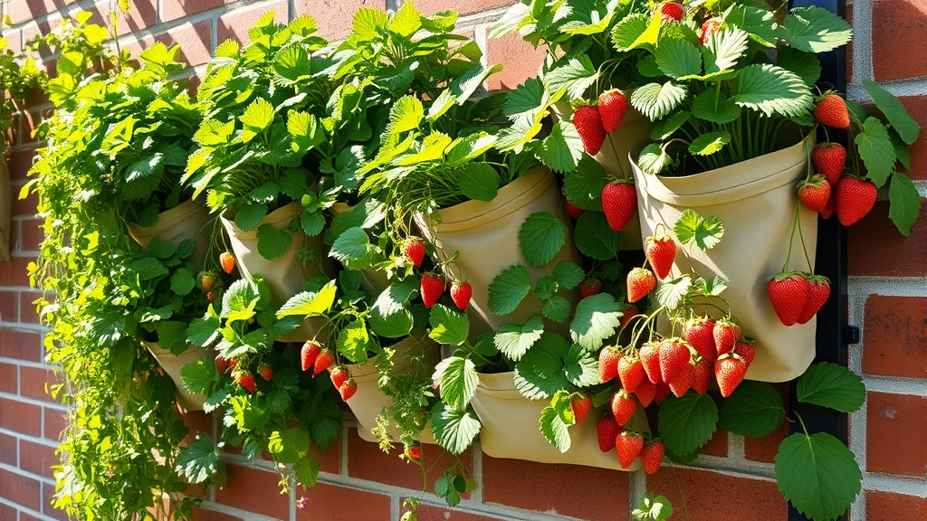 Lush vertical garden wall with cascading lettuce, herbs, and strawberries in fabric pocket planters mounted on brick wall, morning sunlight illuminating green foliage and ripe berries