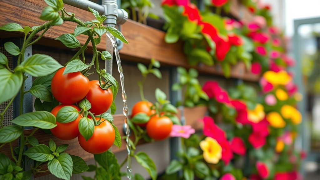Close-up of drip irrigation system delivering water to vertical garden wall with vibrant tomato plants, basil, and flowering petunias in tiered planting pockets, water droplets visible