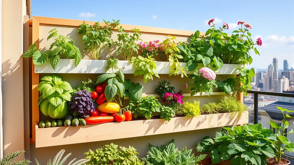 Sunny residential balcony garden wall installation featuring modular growing system with mixed vegetables and flowers in various heights, city skyline background, thriving green plants throughout