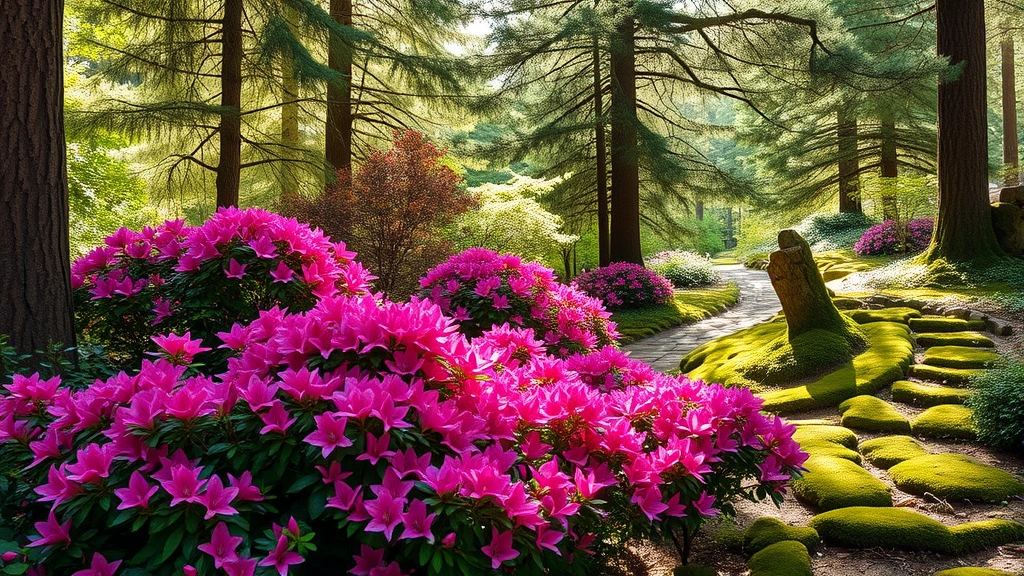 Vibrant magenta and pink azalea flowers blooming densely on shrubs in dappled shade beneath tall evergreen trees, morning sunlight filtering through canopy, moss-covered pathways visible between plantings, natural woodland garden aesthetic