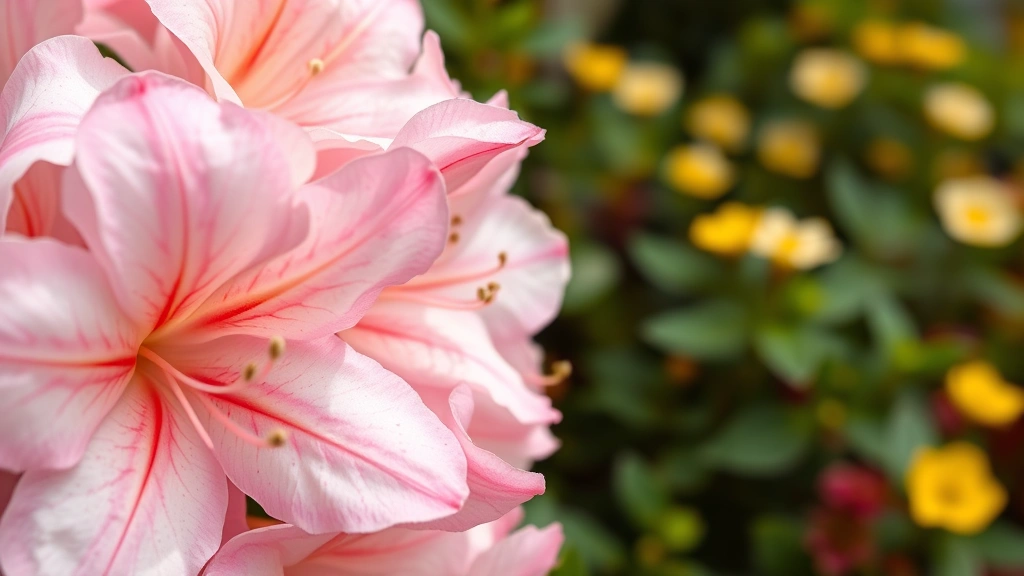 Close-up detail of delicate azalea blooms showing intricate flower structure, bicolor patterns with contrasting throat markings, subtle color gradations on petals, shallow depth of field with soft-focused companion plantings in background, professional garden photography