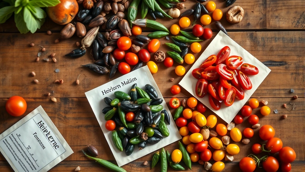 Overhead view of colorful vegetable seeds scattered on wooden table with small paper seed packets, natural daylight, shallow depth of field focusing on heirloom tomato and bean seeds