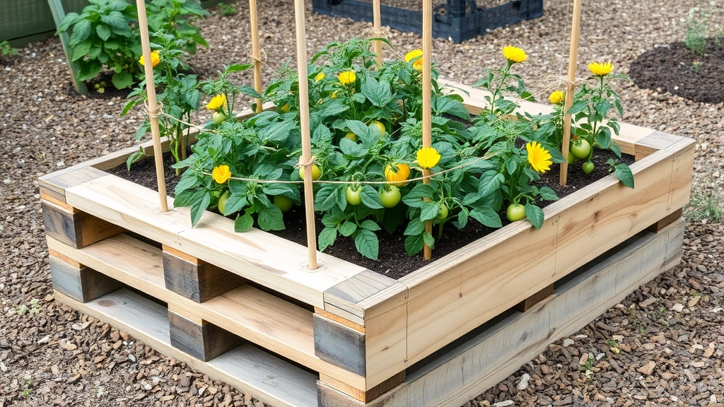 Rustic wooden raised garden bed made from reclaimed pallets containing thriving tomato plants with yellow flowers and green fruits, with wooden stakes and twine supports, surrounded by mulched pathways