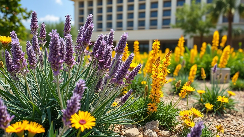 Lush native Texas plants blooming in hotel landscape beds, featuring purple sage and golden lantana flowers against limestone mulch in bright sunlight with hotel building softly blurred in background