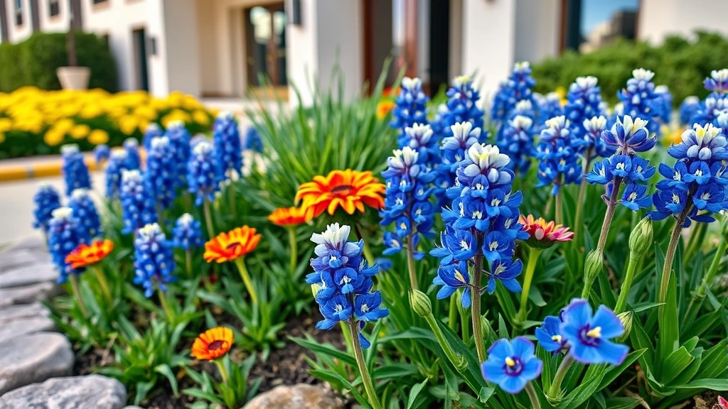 Close-up of vibrant wildflower garden near hotel entrance displaying Austin-native bluebonnets and Indian blanket flowers in natural, organic arrangement with green foliage and natural stone edging