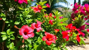 Lush tropical garden with vibrant hibiscus, lantana, and bougainvillea flowers blooming in bright sunlight, sandy Central Florida soil visible, residential garden setting near Orlando area