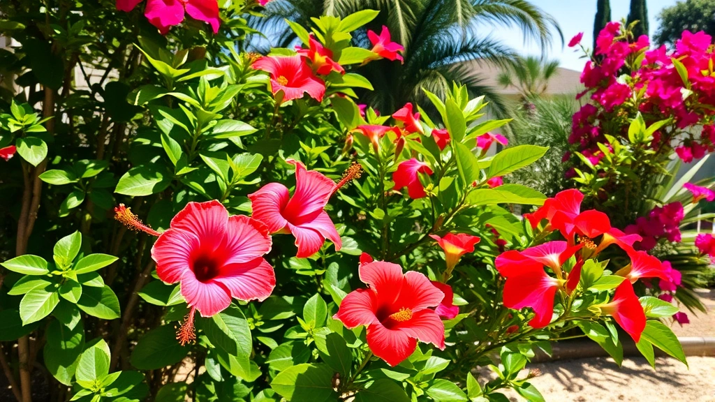 Lush tropical garden with vibrant hibiscus, lantana, and bougainvillea flowers blooming in bright sunlight, sandy Central Florida soil visible, residential garden setting near Orlando area