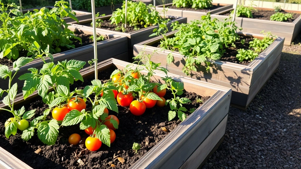 Raised garden beds filled with rich dark soil containing thriving tomato plants, leafy greens, and herbs growing in productive vegetable garden, afternoon sunshine, mulched pathways visible