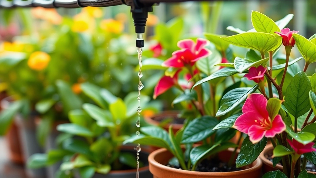 Drip irrigation system watering ornamental plants and shrubs in container garden, morning watering, tropical plants like crotons and mandevilla in pots, moisture droplets on foliage