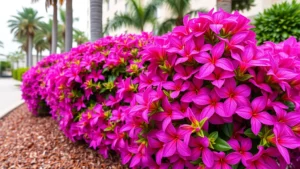Lush tropical flowering shrubs with vibrant purple and pink blooms in a commercial landscape bed, mulched garden with palm trees, professional hotel grounds photography