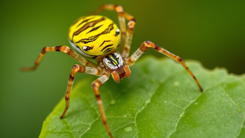 Close-up macro photography of a yellow garden spider with bright yellow and black striped abdomen perched on a green leaf, showing detailed leg banding and body structure in natural garden setting