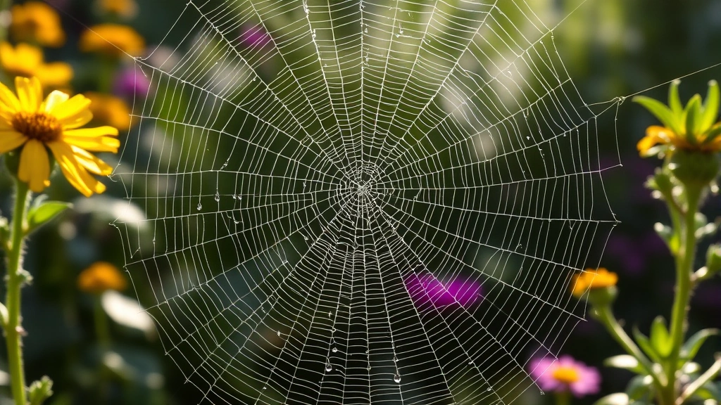 Large yellow garden spider web with distinctive white zigzag stabilimentum pattern centered vertically, covered in morning dew droplets, spanning between flowering plants in sunlit garden