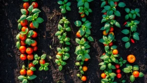Overhead view of a thriving vegetable garden with rows of tomato plants, lettuce, basil herbs, and colorful peppers growing in rich dark soil with mulch, morning sunlight casting long shadows