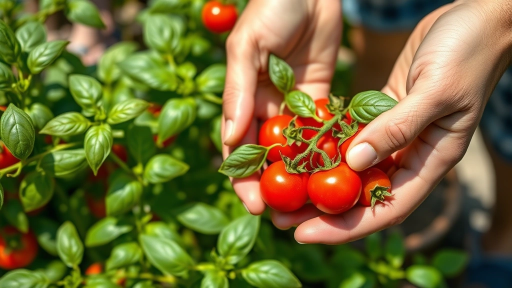 Close-up of hands harvesting ripe cherry tomatoes and fresh basil leaves from healthy green plants in a sunny garden bed, showing vibrant red fruits and green foliage