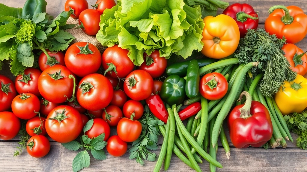 Bountiful harvest display of freshly picked vegetables including ripe tomatoes, crisp lettuce, colorful peppers, green beans, and fresh herbs arranged on rustic wooden surface in natural daylight