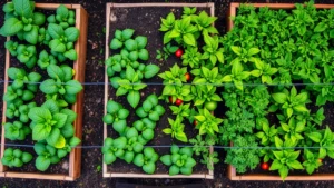 Overhead view of vibrant raised vegetable garden beds with organized rows of leafy greens, tomato plants staked with string, and lush herbs growing abundantly in rich dark soil during peak summer season
