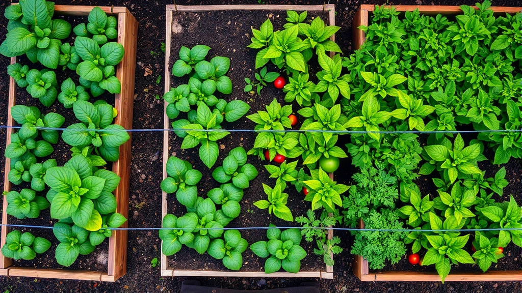 Overhead view of vibrant raised vegetable garden beds with organized rows of leafy greens, tomato plants staked with string, and lush herbs growing abundantly in rich dark soil during peak summer season