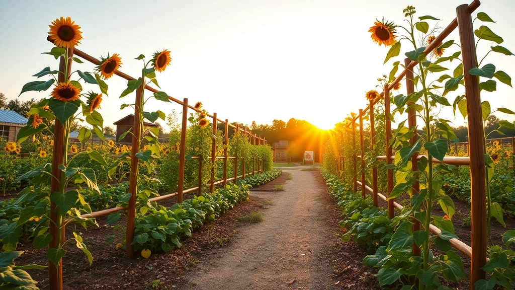 Wide landscape shot of mature vegetable garden in late afternoon golden light showing tall sunflowers and climbing beans on wooden trellis structures, with mulched pathways winding between productive beds full of vegetables