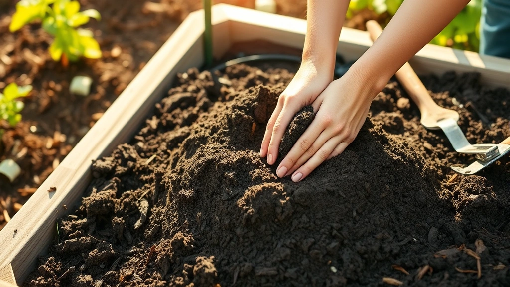 Gardener's hands preparing rich dark compost soil in a raised bed, with organic mulch and garden tools nearby, morning sunlight filtering through