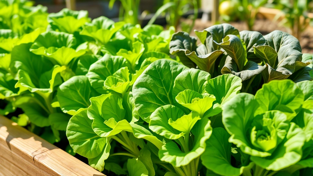 Close-up of vibrant green leafy lettuce and spinach plants growing in a raised wooden garden bed on a sunny morning, showing lush foliage without any flowers visible