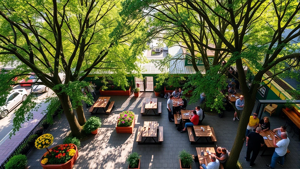 Overhead view of a vibrant beer garden patio with mature shade trees, wooden picnic tables, colorful flower beds with zinnias and coneflowers, and patrons enjoying beverages under dappled sunlight filtering through green canopy