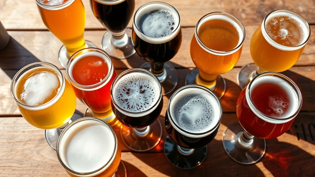 Overhead view of multiple craft beer glasses with different colored beers on wooden beer garden table, outdoor setting with natural sunlight, no text or labels visible, photorealistic
