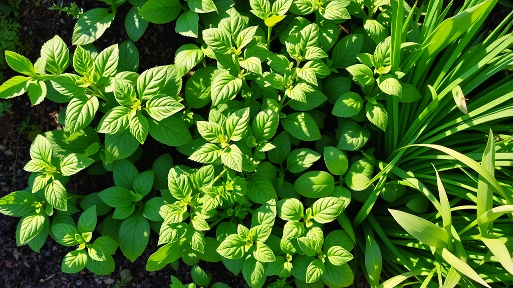 Overhead view of vibrant Asian garden bed with Thai basil, cilantro, and lemongrass plants growing together in morning sunlight, showing green foliage and healthy growth