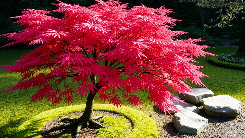 Japanese maple tree with delicate red foliage in a shaded garden setting, moss-covered ground, and large smooth stones arranged asymmetrically nearby, soft natural lighting