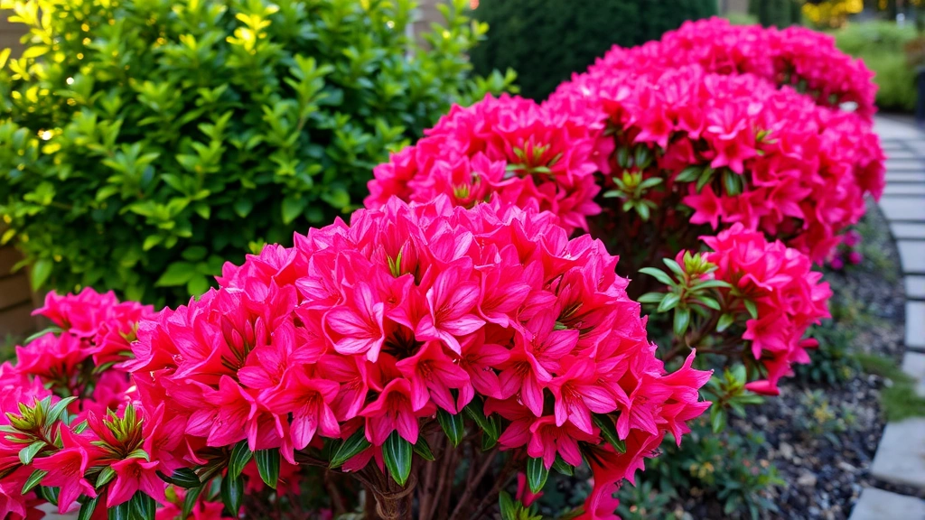 Vibrant pink and red azalea blooms clustered densely on shrubs in morning light, with green foliage background and garden path visible