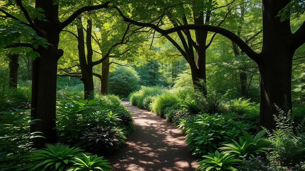 Lush woodland garden path with shade-loving plants including hostas, ferns, and flowering understory plants beneath tall mature trees, dappled sunlight filtering through canopy