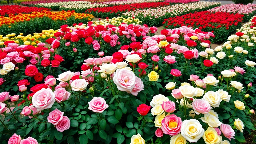 Vibrant rose garden in full bloom with hundreds of colorful rose varieties arranged in traditional beds, featuring pink, red, white, and yellow roses with green foliage