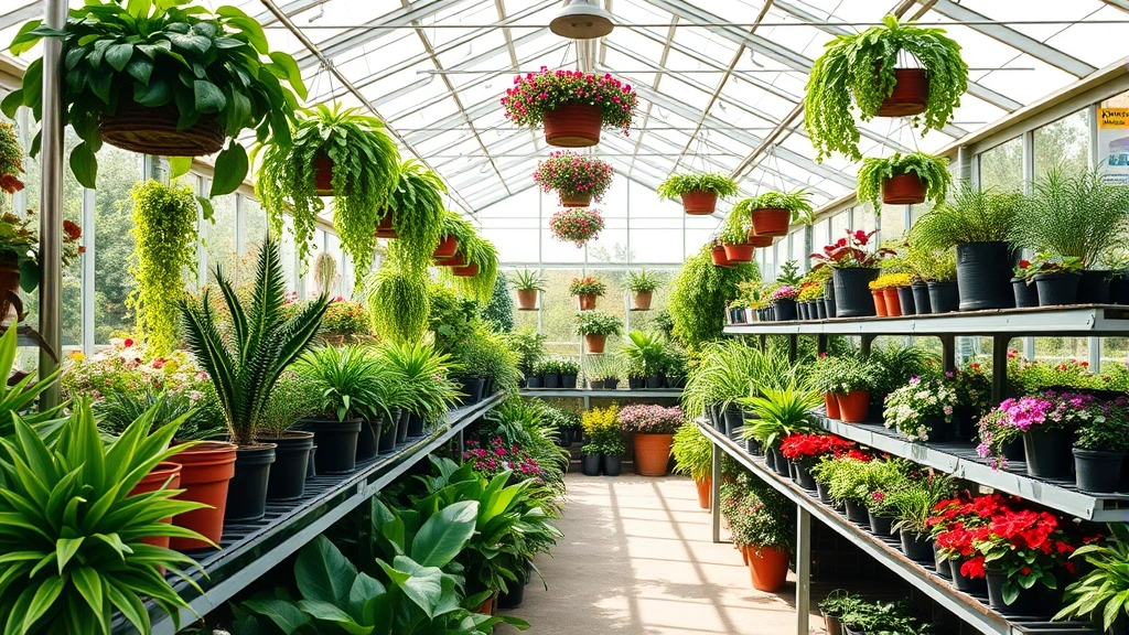 Lush nursery greenhouse interior with rows of vibrant green plants, hanging baskets, and flowering specimens on display shelves, natural sunlight streaming through glass panels