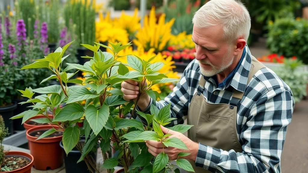 Gardener examining healthy plant foliage at nursery, checking leaves and stems for quality, with potted perennials and shrubs visible in background
