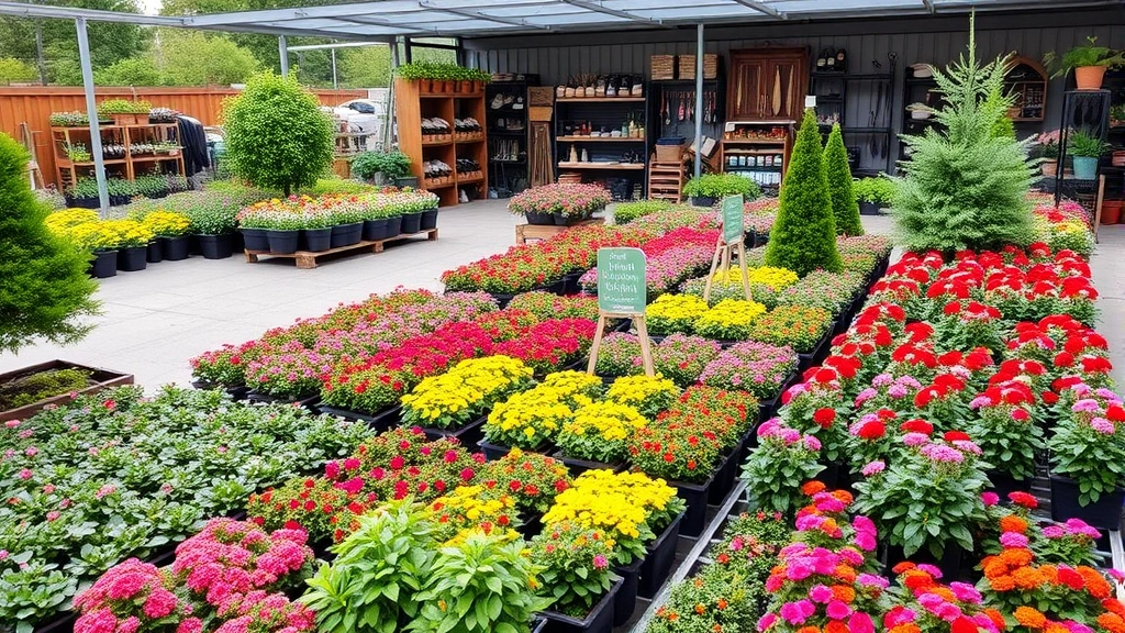 Well-organized nursery outdoor section with colorful flowering plants, shrubs, and trees arranged in neat rows, garden supplies and tools visible on shelving units