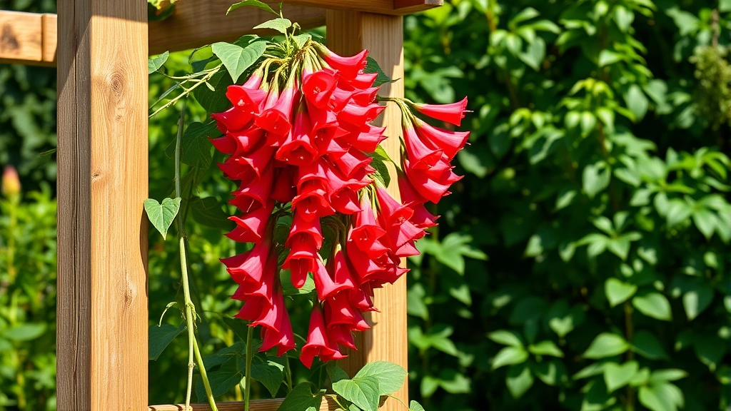 Vibrant scarlet runner bean flowers blooming on a wooden trellis structure in morning sunlight with lush green foliage backdrop