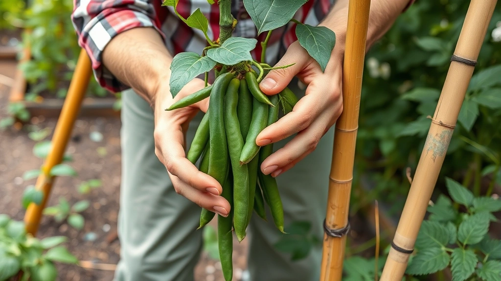 Gardener's hands harvesting ripe beans from tall beanstalk vine growing on sturdy bamboo teepee support in productive garden setting