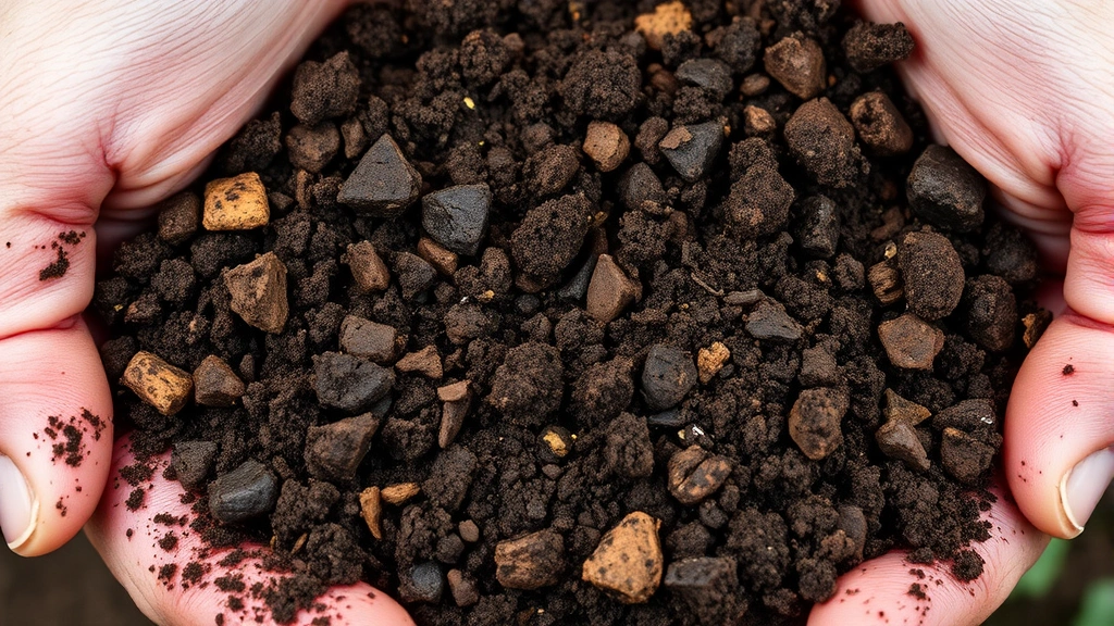 Close-up of rich, dark brown loamy soil with visible organic matter, compost, and crumbly texture in a gardener's hands, showing ideal raised bed soil composition