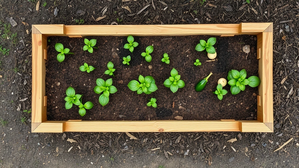Overhead view of a wooden raised garden bed filled with layered soil components, freshly planted with seedlings and vegetables, mulched surface visible