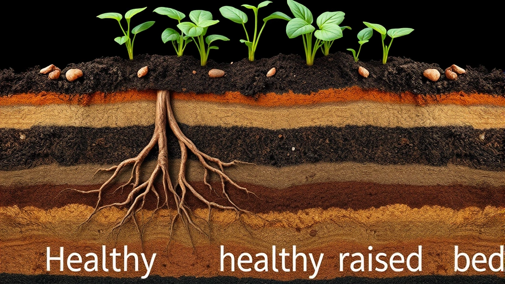 Detailed cross-section view of healthy raised bed soil showing root development, mycorrhizal networks, and soil structure with plants growing above