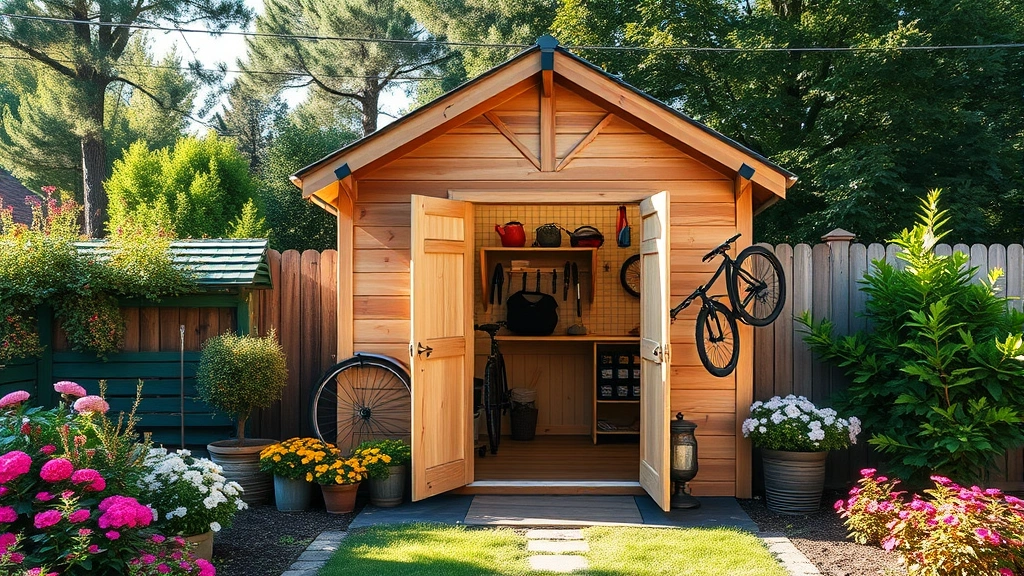 Wide-angle photo of completed wooden bicycle garden shed with natural wood siding, gabled roof with dark shingles, open door revealing organized interior with wall-mounted bikes and tool shelving, surrounded by flowering shrubs and garden beds, morning sunlight