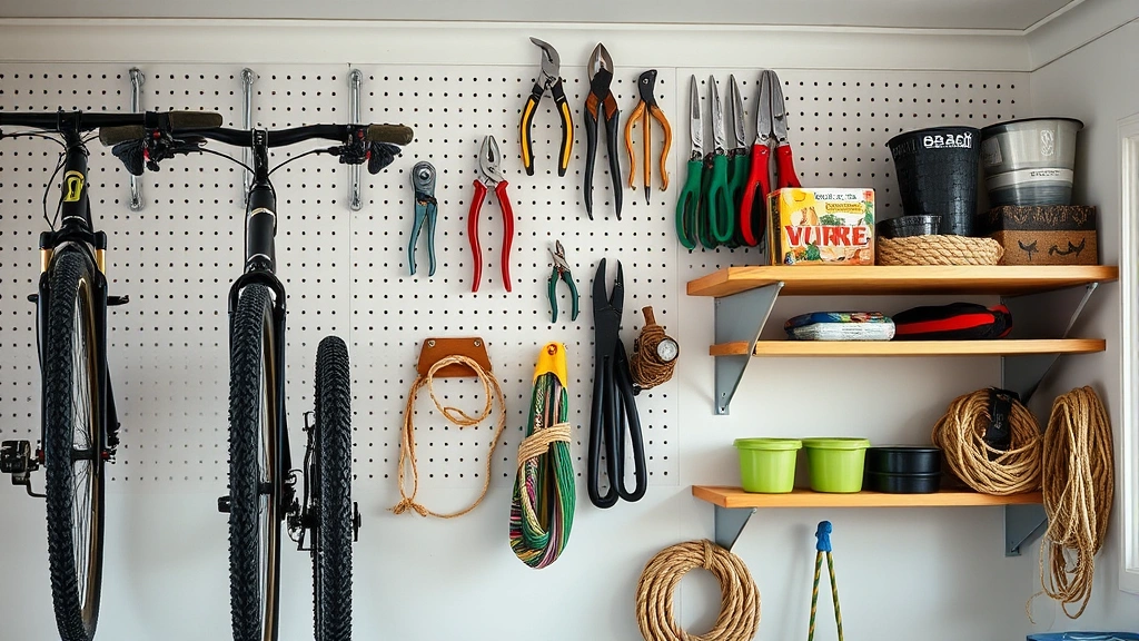 Interior close-up of bicycle storage wall showing three bikes mounted on horizontal hooks, pegboard tool organization with hanging pruners and shears, floating wooden shelf with coiled rope and garden supplies, natural light from window