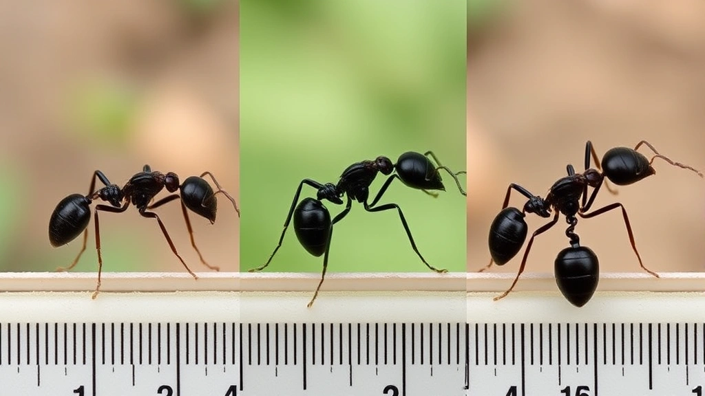 Side-by-side comparison photography of three different black ant species on ruler or measurement scale, displaying size differences and body structure variations in natural garden setting