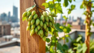 Mature hop vine with papery green cones climbing a tall wooden trellis in a sunny rooftop garden, morning light illuminating the delicate flowers, urban skyline blurred in background