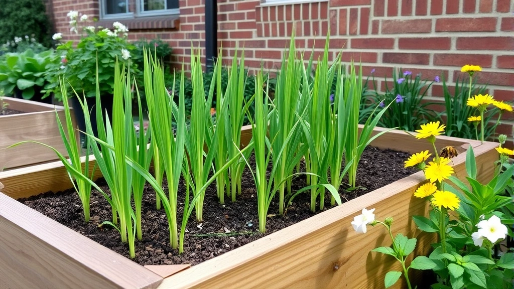 Raised garden bed containing heritage barley plants at mid-growth stage with green shoots, adjacent to flowering companion plants attracting bees, brick building facade visible