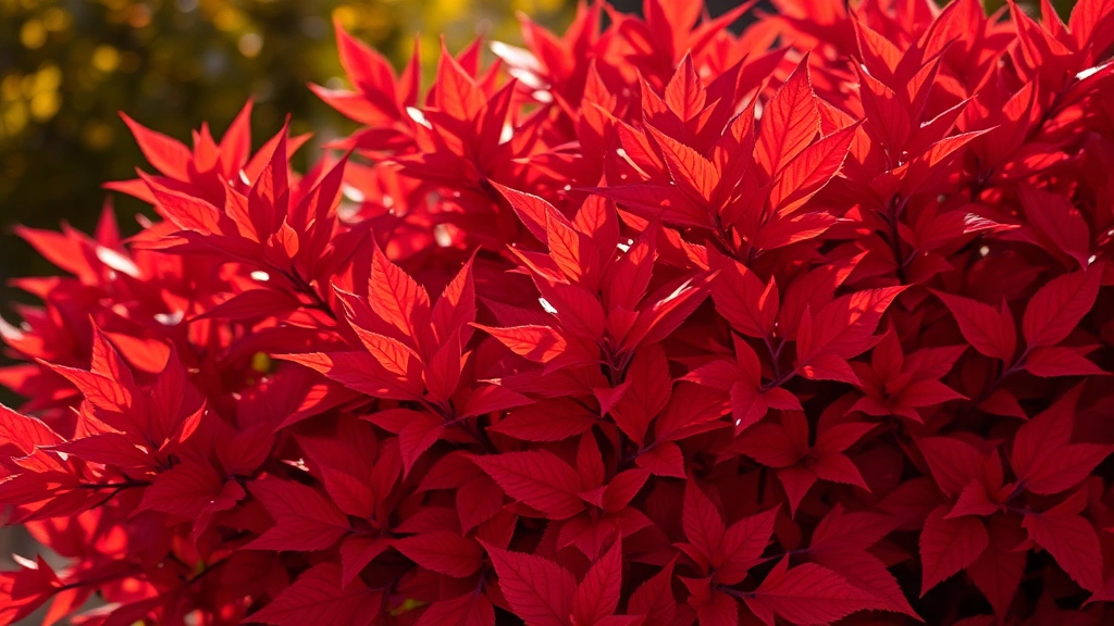 Close-up of bright crimson-red burning bush foliage in autumn sunlight, showing detailed leaf texture and intense fall color transformation