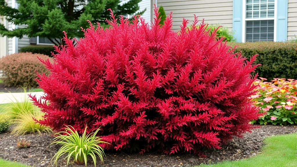 Mature burning bush shrub in full red fall color in a residential landscape, displaying natural rounded form among garden plantings