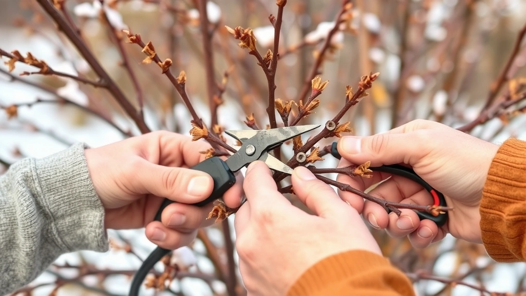 Hands pruning burning bush stems with pruning shears in late winter, showing proper cutting technique and distinctive corky winged branches