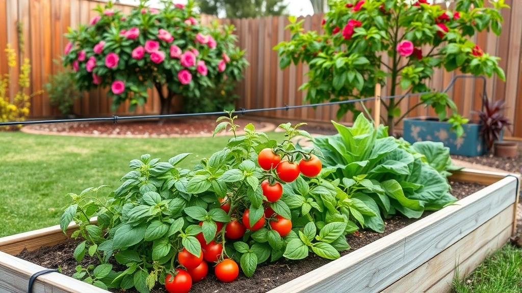 Raised vegetable garden bed in Garden Grove backyard with thriving tomato plants, basil, and lettuce alongside a mature crape myrtle tree in background, showing productive edible landscape with drip irrigation setup