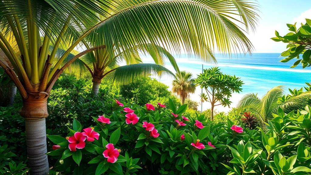 Lush tropical garden with coconut palms, sea grape trees, and colorful hibiscus flowers overlooking turquoise Caribbean bay water, sandy beach visible in background, morning sunlight filtering through palm fronds, vibrant green foliage